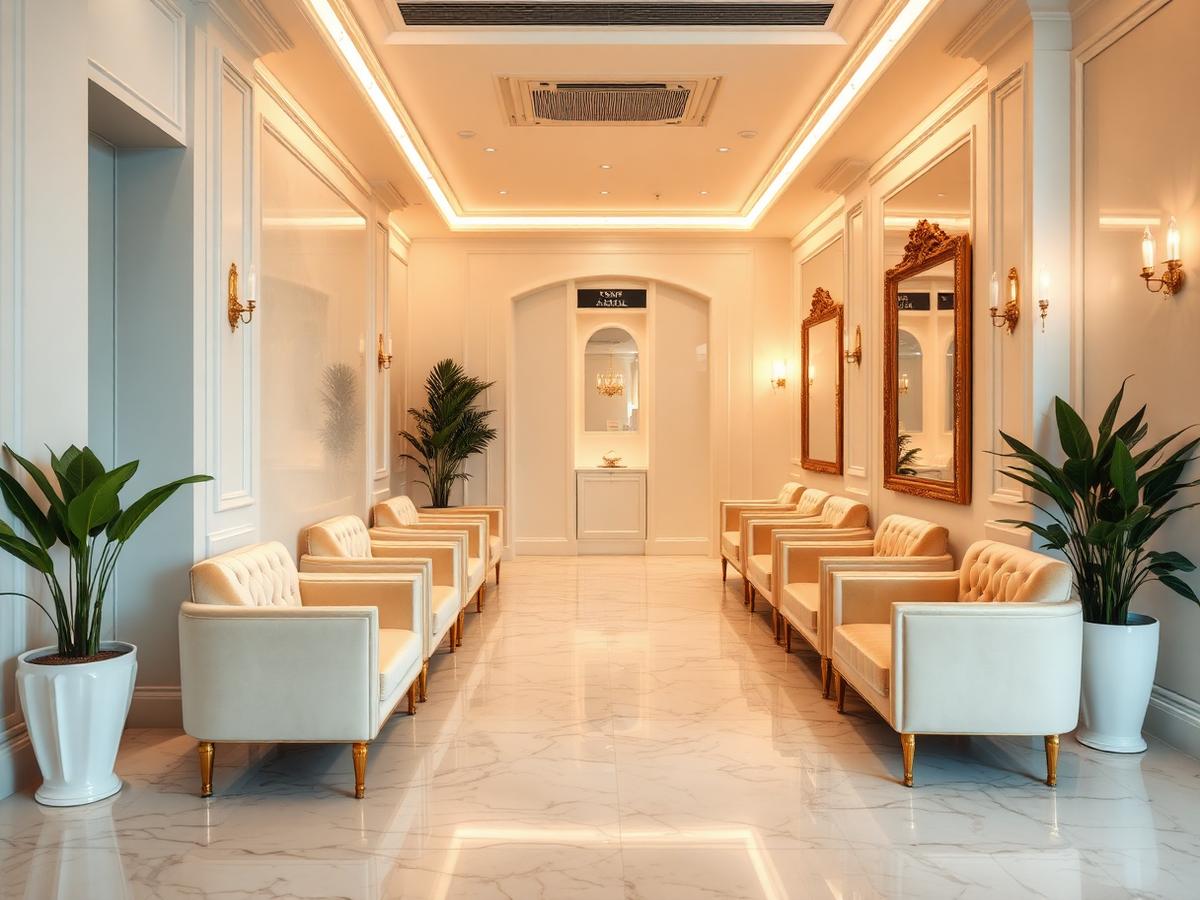 Elegant salon lounge with cream seating and gold accents